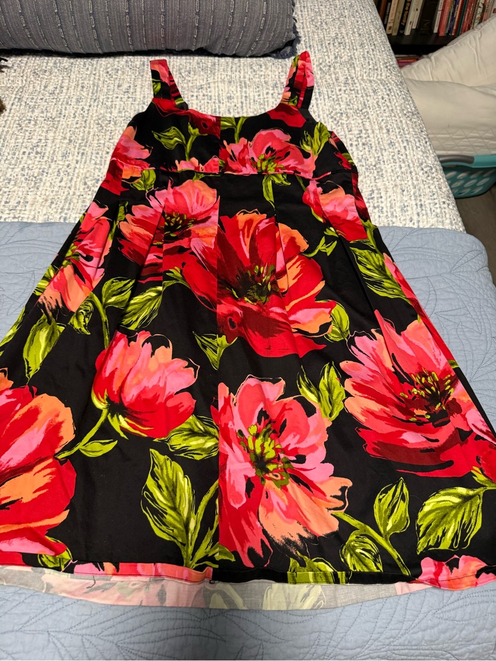 Black Floral A-Line Sundress with Bright Pink & Red Blooms